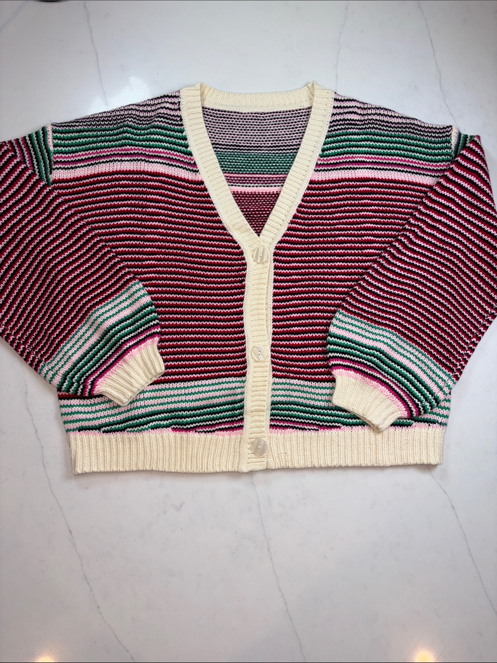 Cream-Trim Striped V-Neck Cardigan Sweater - Women's